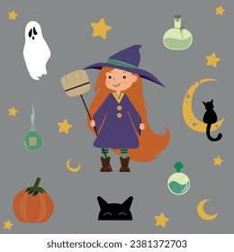 set of halloween illustrations with witch and ghost
