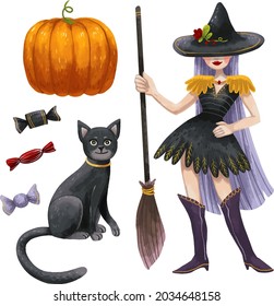 a set of Halloween illustrations with a witch with long purple hair, a broom and a magic hat, a black cat, three different sweet candies and a juicy orange pumpkin