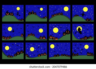 Set of Halloween illustrations with witches, garden scarecrows and pumpkins. Vector illustration.