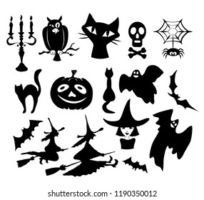 Set of halloween images, black silhouettes, isolated on white. Witch, cat, owl, ghost, pumpkin, skull, spider, candle. Vector illustrations.