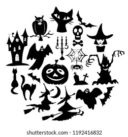 Set of halloween images, black silhouettes in the round. Witch, cat, owl, ghost, pumpkin, skull, spider, candle, tree, grave, house. Vector illustrations, izolated on white.