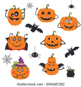 A set of Halloween images. Pumpkin lanterns with different characters. Vector illustration