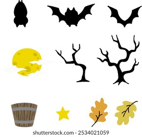set of Halloween include bat shadow, full moon, dead tree, bucket, star and autumn leaf.