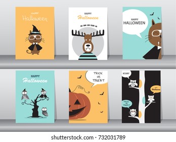 Set of Halloween invitations cards, poster, greeting, template, animals, Vector illustrations 