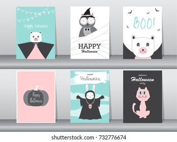 Set of Halloween invitations cards, poster, greeting, template, animals, Vector illustrations 