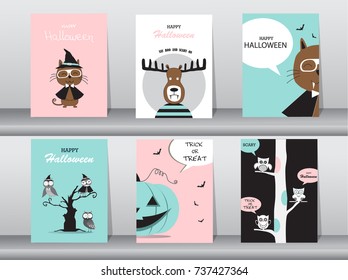Set of Halloween invitations cards, poster, greeting, template, animals, Vector illustrations 