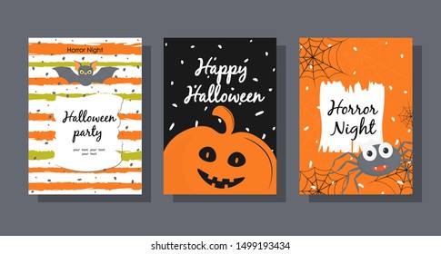 Set of Halloween invitations or greeting cards with handwritten calligraphy and traditional symbols. Vector Illustration cute cartoon.