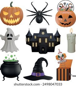 set of halloween isolated elements. collection of 3d halloween objects