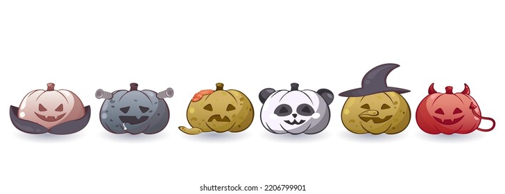 Set of Halloween isolated elements. Cute Halloween pumpkins like a Vampire, Zombie, Panda Bear, Witch, Devil and Frankenstein's Monster for your Halloween background, postcard, invite, advertising.