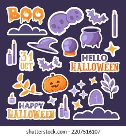 Set of Halloween isolated elements. Stickers with Halloween pumpkin, Crystal Ball, bat, candles, Happy Halloween and Hello Halloween lettering and others	
