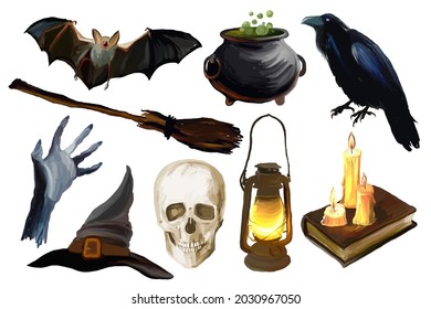 Set of the Halloween items for decoration of posters, flyers, holiday invitations and much more. Collection of the Halloween illustrations.