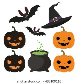 Set of Halloween items. Hat, bat, cauldron with potion, pumpkin