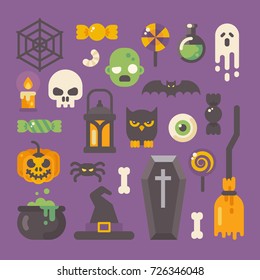 Set of Halloween items. Horror flat icons on purple background. Trick or treat