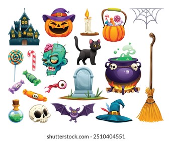 Set of Halloween items, including castle, pumpkin, cauldron, candies, and more. Vector cartoon illustration