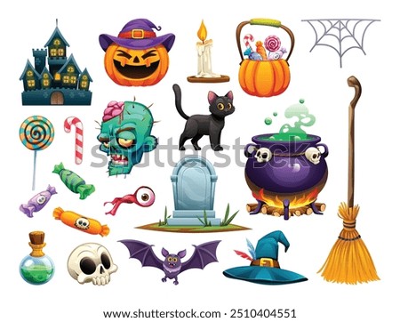 Set of Halloween items, including castle, pumpkin, cauldron, candies, and more. Vector cartoon illustration