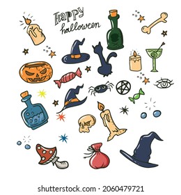 A set of Halloween items on a white background. Vector children's hand-drawn illustration for postcard banners.Candle, hat, skull, bottle, pumpkin.