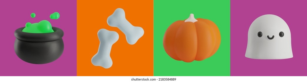 Un conjunto de artículos de Halloween con una calabaza, un caldero, un fantasma y huesos. Ilustraciones vectoriales realistas en un estilo 3D moderno