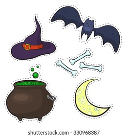 Set of Halloween items. Stickers style: cauldron potion, moon, bat, bones and witches hat