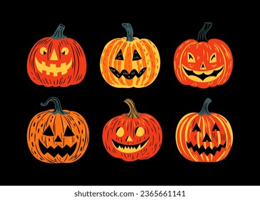 Set of halloween jack o lantern cartoon illustration doodle. Scary october holiday decoration collection in hand drawn style. Spooky autumn party graphic bundle, creepy carved smiling pumpkin.