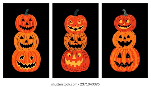 Set of halloween jack o lantern cartoon illustration doodle. Scary october holiday decoration collection in hand drawn style. Spooky autumn party graphic bundle, creepy carved smiling pumpkin.