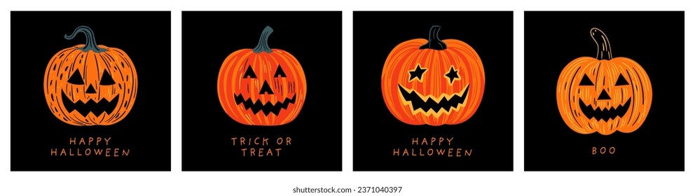 Set of halloween jack o lantern cartoon illustration doodle. Scary october holiday decoration collection in hand drawn style. Spooky autumn party graphic bundle, creepy carved smiling pumpkin.