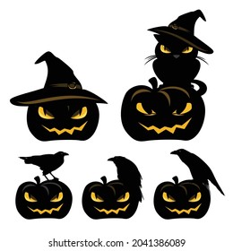 set of halloween jack-o-lantern pumpkins with raven birds and sitting black cat - spooky witchcraft vector design collection