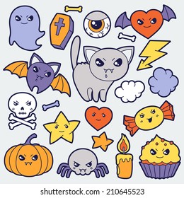  Set of halloween kawaii cute doodles and objects.