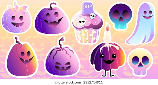 Set of Halloween kawaii stickers. Pumpkins, ghosts and bats. Isolated sticker pack with Halloween elements. Cool patches, pins in cartoon style. Flat vector stickers