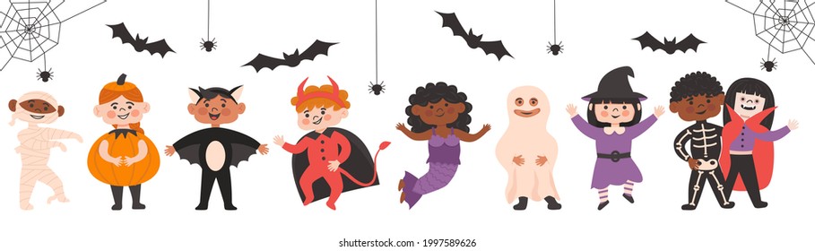 Set of Halloween Kids Costume Party. Cute different nationalites girls and boys in vampire, bat, devil,ghost, mermaid, mummy, pumpkin witch, skeleton costume. Vector characters for party, invitations