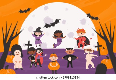 Set of Halloween Kids Costume Party. Cute different nationalites girls and boys in vampire, bat, devil,ghost, mermaid, mummy, pumpkin witch, skeleton costume on night cemetery background. Vector flat.