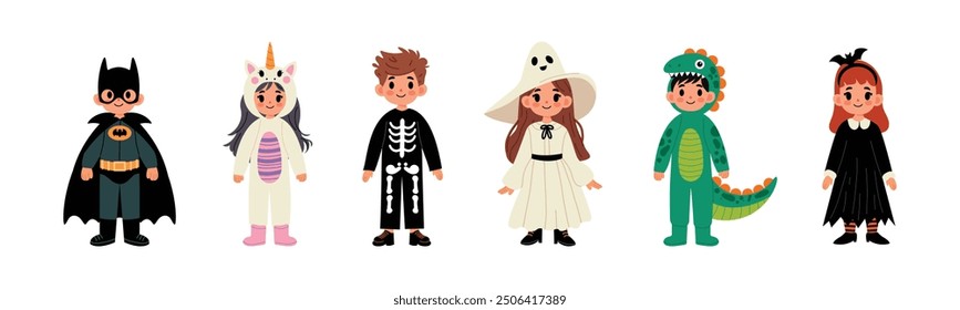 Set of Halloween kids costumes. Children in funny Unicorn, skeleton, ghost, dinosaur, witch. Cute Halloween characters in festival outfit. Flat vector illustration isolated on white background.