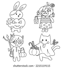 Set of Halloween kids in trick or treat costume vector cartoon isolated on white background. Halloween kids in trick or treat costume including bunny zombie, Jack, devil, and black cat ghost.