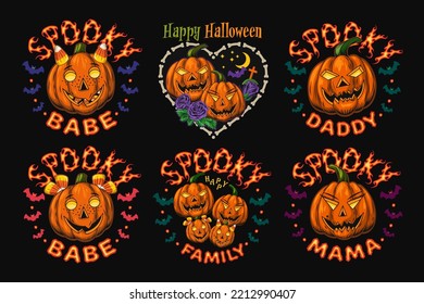 Set of halloween labels with burning text, bones, silhouette of bat, pumpkins like human characters such as parents and kids. Halloween colorful funny emblems in vintage style