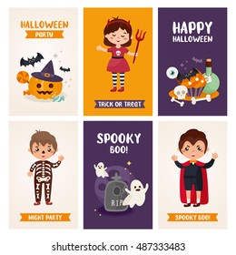 Set of Halloween labels with cute illustration. Children in costumes for Halloween. Vampire, witch and skeleton character. Typographic template for your text.