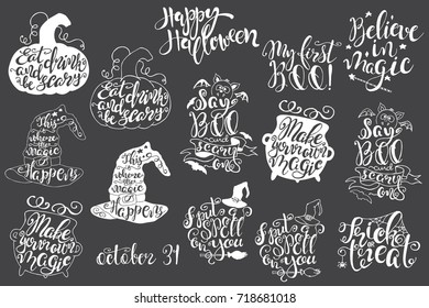 Set with Halloween labels with Hand drawn vector illustrations and quotes. Inspirational lettering. Holiday posters black and white