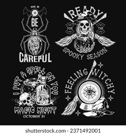 Set of halloween labels with monsters, steampunk mechanical spider, skull, witch cauldron, magic ball, broom. Text made of bones. Monochrome illustrations on black in vintage style.  Hand drawn, not A