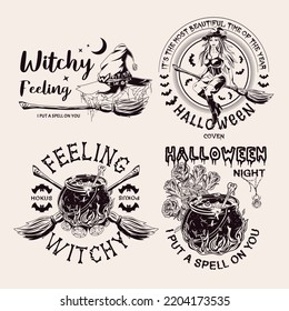 Set of halloween labels with pretty young witch, broomstick, moon, roses, cauldron, fire, witch hat, spiderweb, text, silhouette of bats. Monochrome emblems in vintage style on a white background