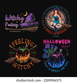 Set of halloween labels with pretty young witch, broomstick, moon, roses, cauldron, fire, witch hat, spiderweb, text, silhouette of bats. Bright colorful emblems in vintage style