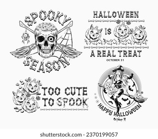 Set of halloween labels with pumpkin head like happy kids, traditional candy, skull with eyeballs, beautiful witch on broom. Text made of bones. Colorful illustrations on white in vintage style