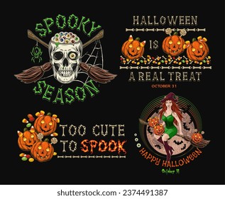 Set of halloween labels with pumpkin head like happy kids, traditional candy, skull with eyeballs, beautiful witch on broom. Text made of bones. Colorful illustrations on black in vintage style Not AI