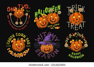 Set of halloween labels with sweets, candy corn, bones, witch hat, text, pumpkins like human characters such as happy kids and funny witch. Colorful emblems in vintage style on black background