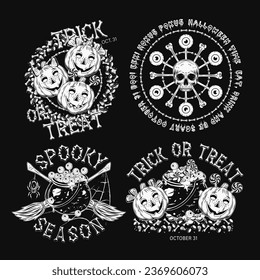 Set of halloween labels with sweets, pumpkin heads like smiling happy kids, criss crossed brooms, witch cauldron full of eyeballs, magic circle with skull. Monochrome emblems on black background