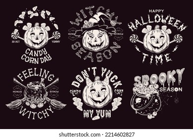 Set of halloween labels with sweets, witch hat, candy corn, eyes, cauldron, broomstick, text, pumpkins like human characters such as happy kids and funny witch Monochrome emblems on a black background