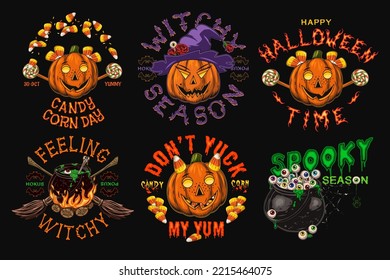 Set of halloween labels with sweets, witch hat, candy corn, eyes, cauldron, broomstick, text, pumpkins like human characters such as happy kids and funny witch. Colorful emblems in vintage style