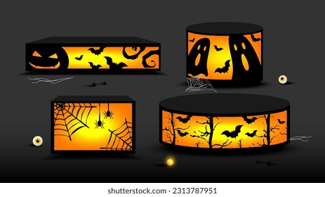 Set of Halloween Lanterns box decorated with silhouette design. Halloween Lamp square and circle shape with light. Vector illustration.