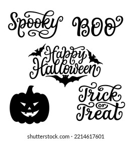 Set of Halloween lettering design elements. Happy Halloween, spooky, boo, trick or treat, pumpkin. Vector typography for t shirts, party decor, cards, banners, posters