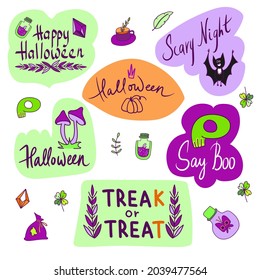 Set of Halloween lettering designs. Happy halloween. Greeting vector illustration.
