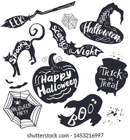 Set of Halloween lettering on silhouette symbols like hat, pumpkin and other