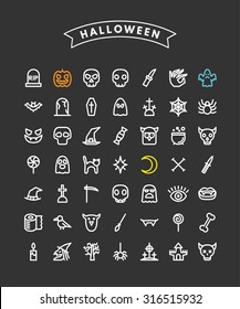 Set of Halloween Line Art Icons. Pumpkin, Skulls, Ghost, Bones