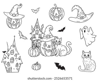 Set of Halloween line drawings haunted house, church, castle, witch hat, pumpkin with a carved face, cat, flying bats, ghost. Hand drawn vector sketch illustration in doodle engraved line art vintage.